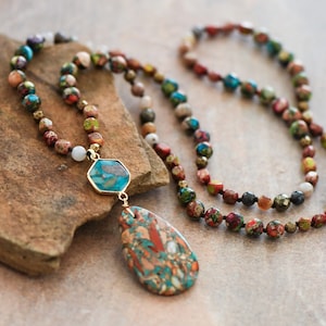 Multicolored Imperial Jasper Necklace, Sea Sediment Stone Pendant Necklace, Gemstone of Stability, Healing Crystal Protection Necklace Gift