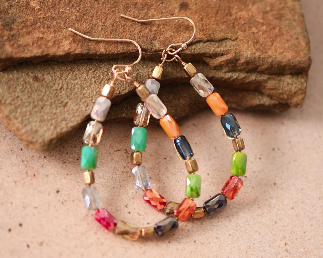 Boho Beaded Teardrop Dangle Earrings – Gold Wire with Glass Crystals, Bohemian Earrings, Lightweight Crystal Earrings, Statement Earrings