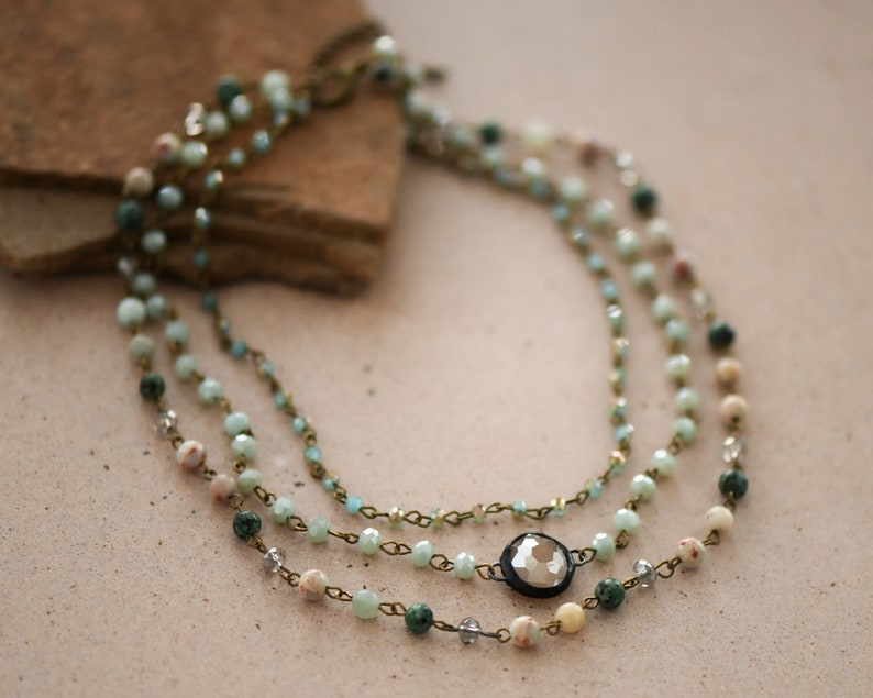 Double Layer Green & Neutral Bead Strand Necklace on Leather Strap main image 1