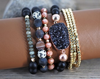 Semi Precious Stone Bracelet Set, Healing Stone Bracelet, Mixed Stone Bracelets, Druzy Stone Bracelet, Black Beaded Bracelet, Agate Bracelet