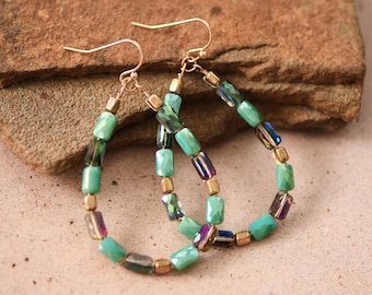 Boho Teardrop Glass Crystal Beaded Dangle Earrings, Bohemian Earrings, Lightweight Crystal Earrings, Statement Earrings, Gold Wire Earrings