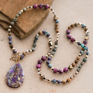 Boho Long Necklace, Purple Crystal Necklace, Statement Pendant Necklace, Chunky Gemstone Necklace, Healing Crystal Protection Necklace Gift