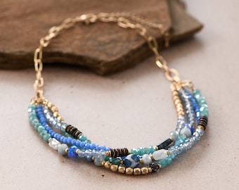 Crystal Statement Necklace, Multi Strand Necklaces, Blue Beaded Necklace, Layered Beaded Necklace, Boho Layered necklace, Bib necklaces