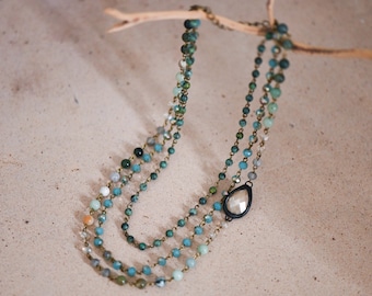 Green Crystal Necklace, Layering Necklace, Layered Necklace, Multi Strand Necklace, Multi Layer Necklace, Boho Necklace, Beaded Necklace