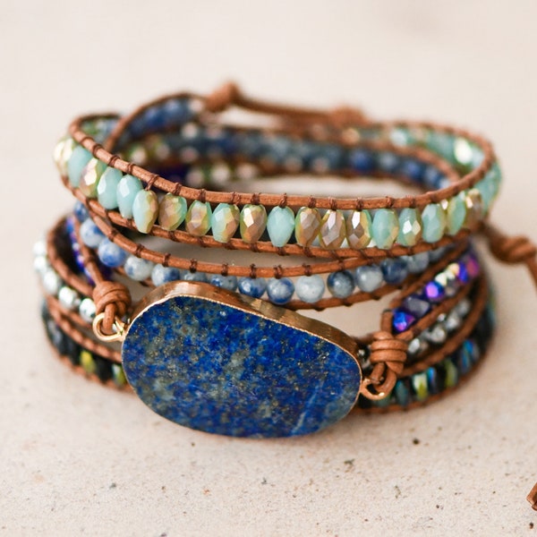 Stunning 5-Wrap Leather Cord Bracelet, Assorted Mixed Beaded Natural Stones, Blue Lapis Lazuli Pendant, Find Inner Peace, Balance & Harmony