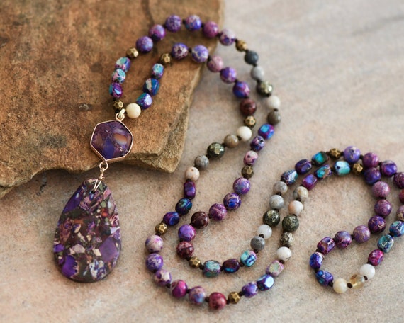 Purple Imperial Jasper Necklace, Sea Sediment Jasper Stone Pendant Necklace, Gemstone of Stability, Healing Crystal Protection Necklace Gift