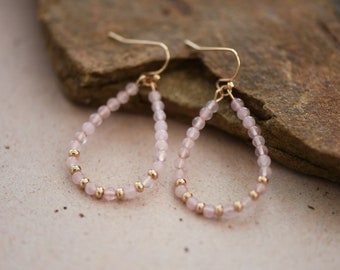 Rose Quartz Stone Earrings, Boho Teardrop Earrings, Wire Beaded Earrings: Spiritual Gemstone Energy, Holistic Healing and Crystal Meditation