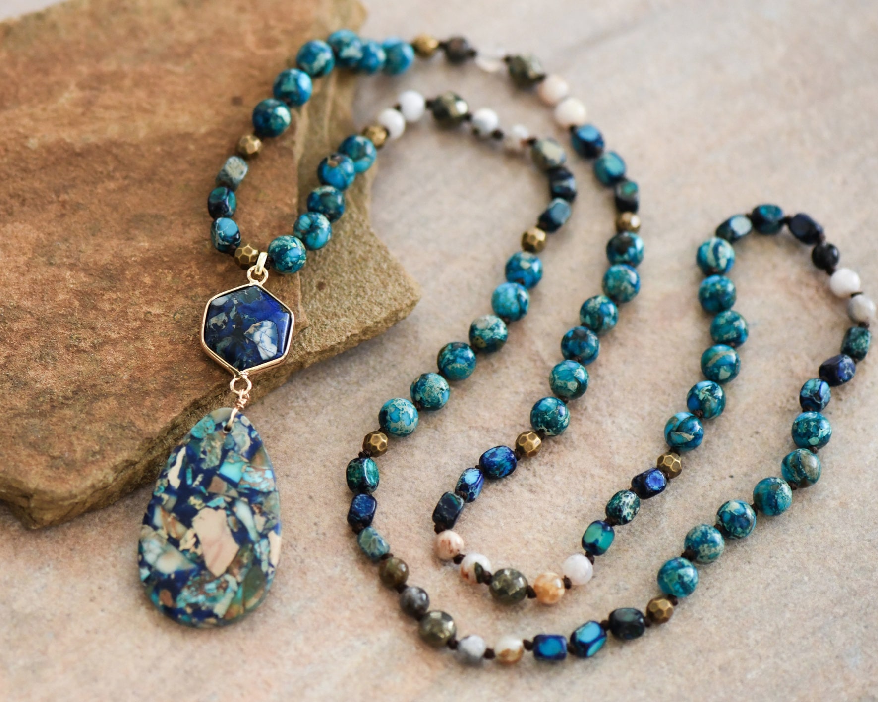 Blue Imperial Jasper Necklace, Sea Sediment Jasper Stone Pendant Necklace, Gemstone of Stability, Healing Crystal Protection Necklace Gift