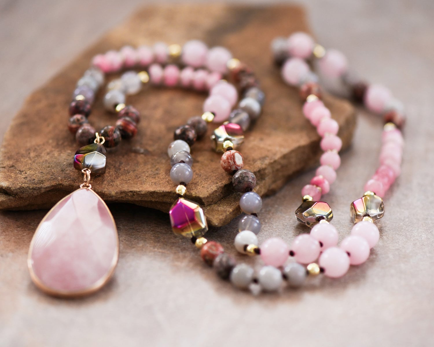 Natural Rose Quartz Bead Necklace