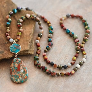 Sea Sediment Jasper Boho Long Necklace, Knotted Bead Bohemia Necklace, Healing Crystal Beaded Necklace, Stability Protection Necklace Gift