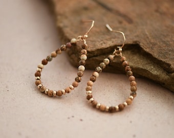 Brown Jasper Stone Earrings, Boho Teardrop Earrings, Wire Beaded Earrings: Spiritual Gemstone Energy, Holistic Healing & Crystal Meditation