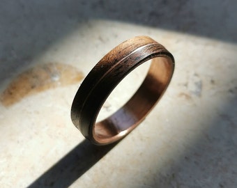 Einzigartiger Bentwood Partnerring, Solitärring "A sided Path"    Kupfer, Holz, Partnerschmuck