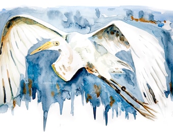 Ardea alba bird heron watercolour painting original