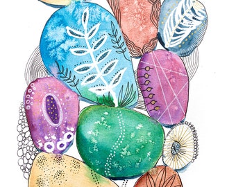 colourful pebbles artwork original watercolour
