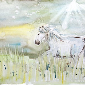 白い馬の水彩画、オリジナルアートワーク、水彩動物アート、馬の