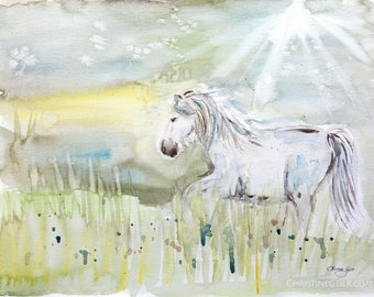 Cheval blanc aquarelle oeuvre originale