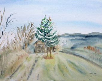 shack landscape artwork watercolour painting