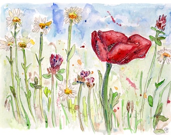 Poppy watercolour painting original print artwork