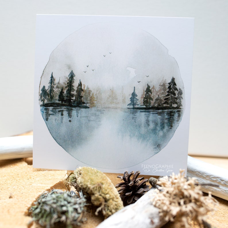 forest lake mirror moon watercolour greeting card print image 3