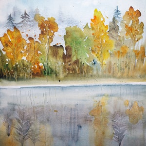 forest lake autumn watercolour painting original artwork