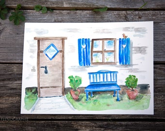 Original blue bench artwork watercolour