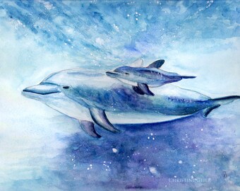 dolphin watercolour painting print hahnemühle animal