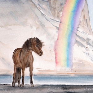 Cavallo con arcobaleno Islanda acquerello opera d'arte originale