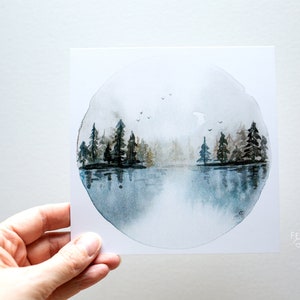 forest lake mirror moon watercolour greeting card print image 4
