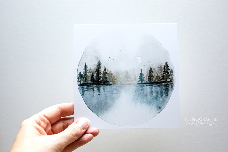 forest lake mirror moon watercolour greeting card print image 4