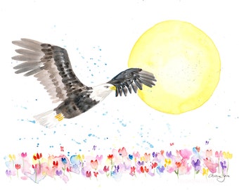 original hawk bird sun watercolour painting