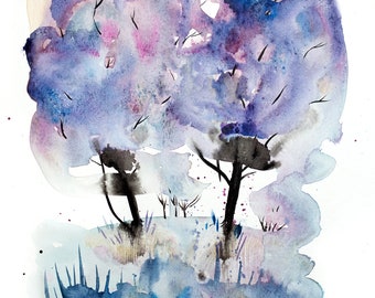 May include: Watercolor painting of two trees with purple, blue, and pink hues. The trees are set against a white background with a light blue wash at the bottom of the painting.