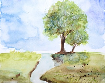 May include: A watercolor painting of a single tree with a winding stream in the foreground. The sky is a light blue with white clouds. The tree is green and the stream is light blue.