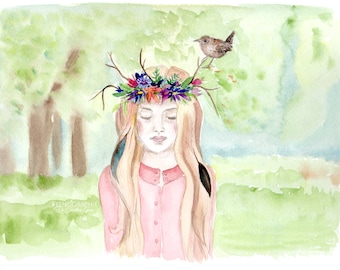 girl woman nature wren original watercolour artwork