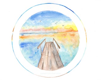 original sea view sundown watercolour artwork