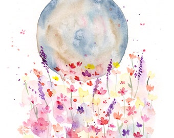 original watercolour painting fullmoon blossoms artwork