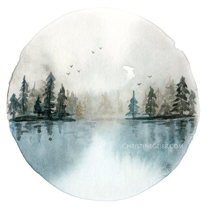 forest lake mirror moon watercolour greeting card print image 1