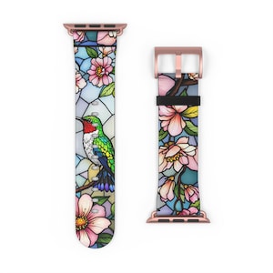 Hummingbird Faux Stained Glass Apple Watch Band, Apple Accessories, Vegan Leather Strap, Cute Animal Jewelry, Nature Lover Gift, Mothers day