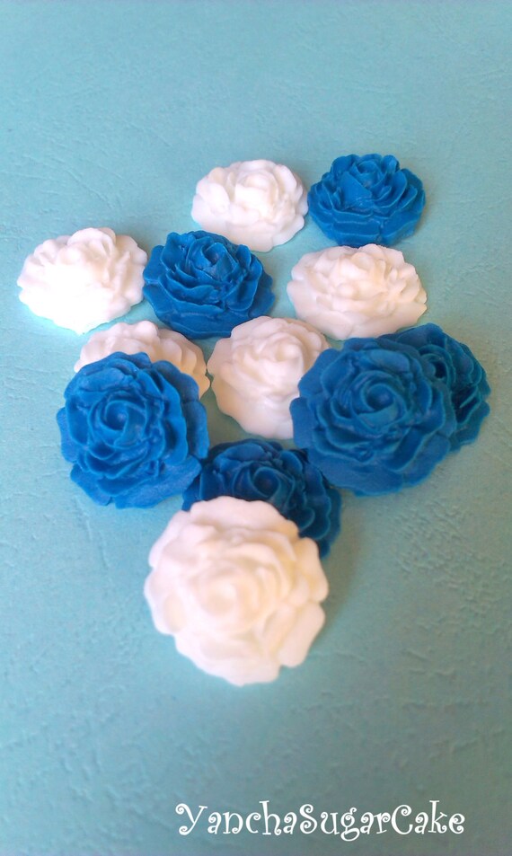 Fondant edible sugar mini roses White Navy blue Gumpaste flowers Wedding Bridal shower Cupcake topper Cake Baby boy shower Christening favor Il_570xn