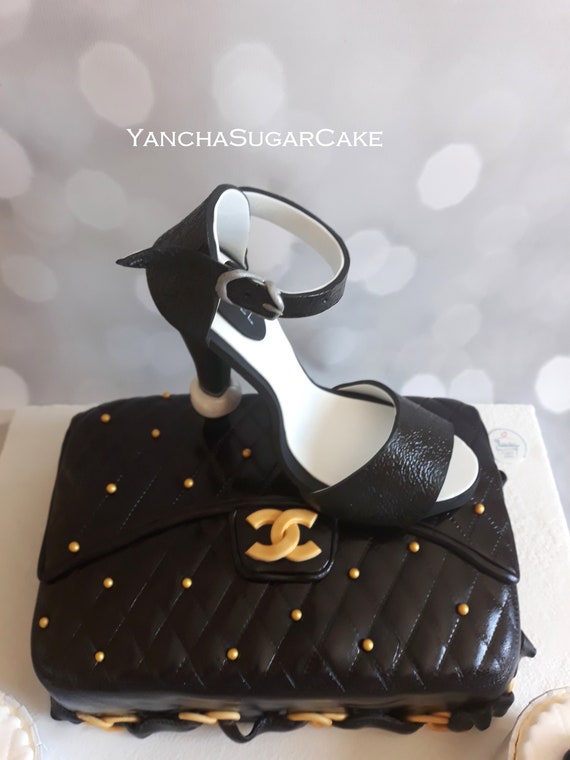Edible high heel shoe Chanel fondant Cake topper Woman gift Gumpaste Black Fashion bag Birthday Wedding favor Sugar shoes Gift for her Il_570xn