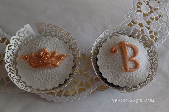 Fondant Edible Cupcake toppers - 12, Wedding cupcake toppers, Christening, Baptism, Baby shower,Crown, Little Prince, Little Princess,Bridal Il_570xn