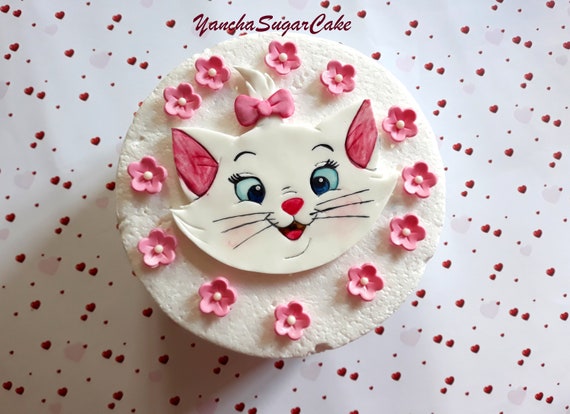 Fondant Edible Marie Aristocats 2D figure Girl Birthday party Hello kitty gumpaste flowers Baby shower First birthday Baptism Christening Il_570xn