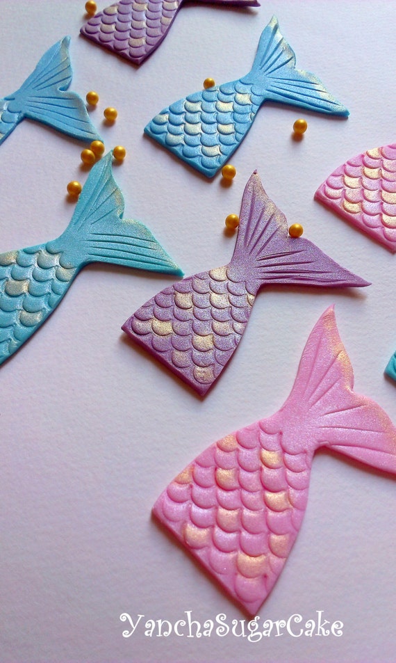 Fondant edible Mermaid tail Baby shower girl Wedding shower Bridal Cake topper Cupcake topper Ariel Under the sea Edible seashells Birthday Il_570xn