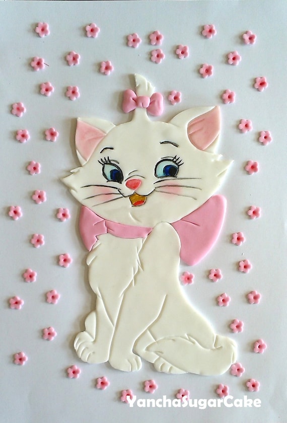 Fondant Edible Marie Aristocats 2D figure Girl Birthday party Hello kitty gumpaste flowers Baby shower First birthday Baptism Christening Il_570xn