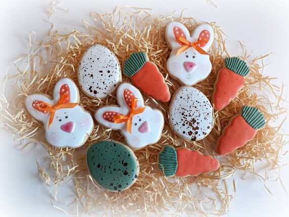 Easter cookies 12 decorated with royal icing Easter white bunny Carrot Egg Vanilla Chocolate Coconut Peanut buuter Birthday gift Baby shower Il_570xn
