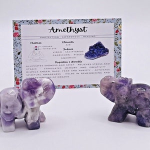 Améthyste naturelle éléphant sculpté à la main ornement de guérison chakra Reiki avec sac cadeau et carte-cadeau