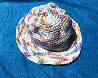 Child's Crochet Cotton Sun Hat - White with pink, blue, and gold variegated