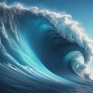 May include: A large, powerful wave crashes in the ocean. The wave is a deep blue color with white foam at the crest. The water is clear and blue.