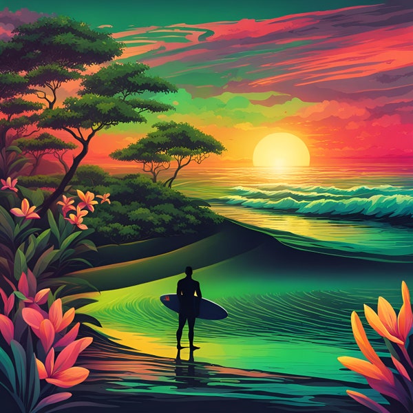 Surfer stands on beach at sunset green pink silhouette AI digital art download