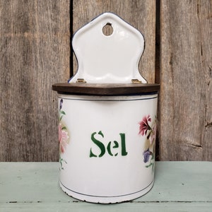 Französische emaillierte SEL-Box, Japy Produktion, Vintage Salzbox