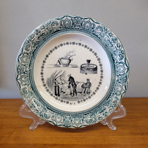 Antique French Gien Puzzle Plate, Antique French Plate, French Rebus Theme Plate, Dessert Puzzle Plate, Proverb Plate,French Transferware